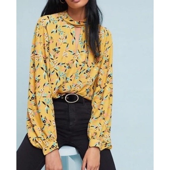 Maeve by Anthropologie Meadowsweet Sz 2 Yellow Floral Keyhole Neck Blouse - Picture 1 of 8